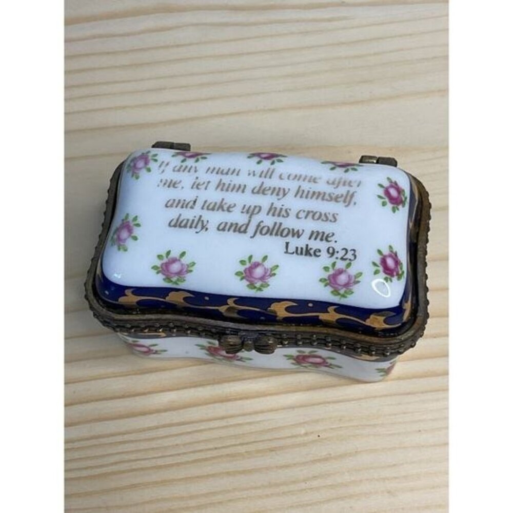 Small Imperial Porcelain Trinket Box Luke 9:23 Pink Roses Gold Accents Hinged